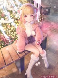 Rule 34 | 1girl, animal ear fluff, animal ears, bench, between breasts, blush, boots, breasts, breath, cat ears, cat girl, christmas, christmas ornaments, high heel boots, high heels, highres, holding, jacket, kemomimi refle!, knee boots, kuyukian3, large breasts, long hair, looking at viewer, miniskirt, nekoma karin, open clothes, open jacket, outdoors, pink jacket, pink ribbon, pom pom (clothes), red eyes, ribbon, second-party source, sitting, skirt, snowing, solo, strap between breasts, sweater, virtual youtuber, white footwear, white sweater, wing hair ornament