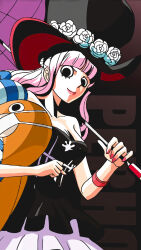 Rule 34 | 1girl, :&gt;, black dress, breasts, character name, dress, drill hair, hat, highres, holding, holding umbrella, large breasts, long hair, looking at viewer, official art, one piece, open mouth, perona, pink hair, scan, smile, solo, stuffed animal, stuffed toy, umbrella, very long hair