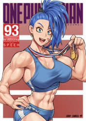 Rule 34 | 1girl, abs, bandaid, bandaid on face, blue eyes, blue hair, breasts, captain mizuki, cleavage, commission, copyright name, elee0228, hair over one eye, hand on own hip, highres, large breasts, medal, midriff, muscular, muscular female, navel, olympics, one-punch man, speh, sports bra
