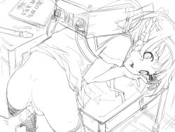 Rule 34 | 1girl, backpack, bag, desk, greyscale, imminent penetration, imminent vaginal, marzy dog, monochrome, no panties, original, penis, randoseru, sex, sketch, solo focus, thighhighs, uncensored