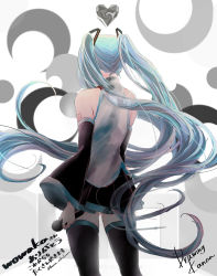 Rule 34 | 1girl, aqua hair, bare shoulders, cowboy shot, creator connection, detached sleeves, drawing kanon, from behind, greyscale, hair ornament, hatsune miku, highres, holding, holding microphone, long hair, microphone, monochrome, rolling girl (vocaloid), shirt, shoulder tattoo, signature, skirt, sleeveless, sleeveless shirt, solo, tattoo, thighhighs, twintails, twitter username, unknown mother goose (vocaloid), very long hair, vocaloid, world&#039;s end dancehall (vocaloid), zettai ryouiki