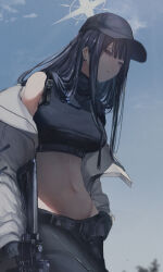 Rule 34 | 1girl, absurdres, baseball cap, belt, black belt, black gloves, black hair, black hat, black mask, black pants, black shirt, blue archive, blue eyes, breasts, buckle, chest harness, coat, crop top, gloves, halo, harness, hat, highres, kyatto-mikazu, large breasts, long hair, midriff, navel, pants, saori (blue archive), shirt, sig 516, sleeveless, sleeveless shirt, snap-fit buckle, white coat