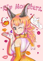 Rule 34 | 1girl, animal costume, animal ear fluff, animal ears, blowing kiss, blue eyes, bow, bowtie, caracal (kemono friends), caracal ears, elbow gloves, gloves, highres, kani misomiso, kemono friends, kemono friends v project, kiss, long hair, looking at viewer, microphone, one eye closed, orange hair, scarf, shirt, skirt, sleeveless, sleeveless shirt, smile, solo, virtual youtuber