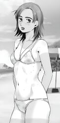 Rule 34 | 1girl, bikini, breasts, cleavage, collarbone, greyscale, head tilt, initial d, looking at viewer, medium breasts, monochrome, parted bangs, parted lips, short hair, solo, swimsuit, uehara mika, white background
