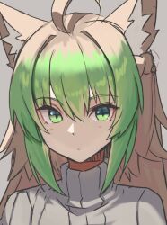 Rule 34 | 1girl, ahoge, animal ear fluff, animal ears, atalanta (fate), blonde hair, closed mouth, fate/apocrypha, fate (series), gradient hair, green eyes, green hair, grey background, looking at viewer, multicolored hair, nahu, portrait, ribbed sweater, sidelocks, simple background, solo, sweater, turtleneck, turtleneck sweater, white sweater