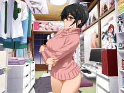Rule 34 | 1girl, bedroom, black hair, blue eyes, blush, breasts, censored, clownculture, computer, crossed arms, embarrassed, covered erect nipples, female focus, figure, futon, glasses, highres, large breasts, legs, long sleeves, looking at viewer, mosaic censoring, naked sweater, no panties, original, poster (medium), pussy, school uniform, short hair, smile, solo, standing, sweater, table, thighs, turtleneck