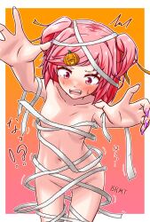 Rule 34 | !, 1girl, ?, absurdres, bandages, blush, breasts, broly matsumoto, collarbone, convenient censoring, doki doki literature club, embarrassed, english text, food-themed hair ornament, gradient background, hair ornament, highres, looking down, motion lines, nail polish, naked bandage, natsuki (doki doki literature club), navel, pink eyes, pink hair, pumpkin hair ornament, short hair, short twintails, small breasts, sweatdrop, trick or treat, twintails, wardrobe malfunction