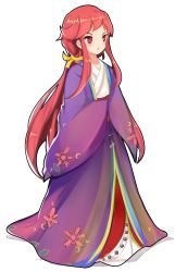 Rule 34 | 1girl, bad id, bad pixiv id, blush, dress, floral print, hair ribbon, highres, itohime, japanese clothes, kotohime (touhou), layered dress, long hair, open mouth, ponytail, purple dress, red eyes, red hair, ribbon, sash, solo, touhou, touhou (pc-98), very long sleeves, white background, wide sleeves, yellow ribbon