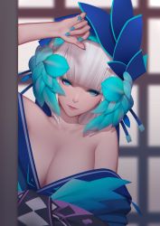 Rule 34 | 1girl, aoandon, aqua eyes, bare shoulders, blunt bangs, breasts, cleavage, collarbone, flower, hair flower, hair ornament, highres, japanese clothes, kimono, large breasts, lips, looking at viewer, nail polish, off shoulder, onmyoji, onmyouji, solo, upper body, white hair, xini m