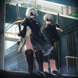 Rule 34 | 1boy, 1girl, 2b (nier:automata), 9s (nier:automata), black blindfold, black dress, blindfold, boots, breasts, cleavage, cleavage cutout, clothing cutout, collaboration, covered eyes, crossover, curvy, day, dress, feather-trimmed sleeves, game cg, gloves, goddess of victory: nikke, large breasts, leotard, leotard under clothes, long sleeves, nier:automata, nier (series), official art, shiny skin, short hair, shorts, skirt, standing, sunlight, thick thighs, thighhighs, thighhighs under boots, thighs, white hair, wide hips