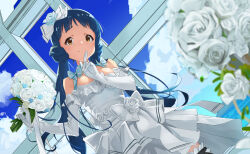 Rule 34 | 1girl, bare shoulders, blue hair, blue ribbon, blurry, blush, bouquet, breasts, brown eyes, cloud, cloudy sky, dot nose, dress, elbow gloves, finger to mouth, flower, frills, gloves, hair flower, hair ornament, highres, holding, holding bouquet, idolmaster, idolmaster million live!, idolmaster million live! theater days, island, kitakami reika, kojy, long hair, looking at viewer, looking down, low twintails, medium breasts, ocean, ribbon, rose, sash, sky, smile, solo, standing, thigh strap, twintails, very long hair, wedding dress, white flower, white gloves, white ribbon, white rose, wince, window