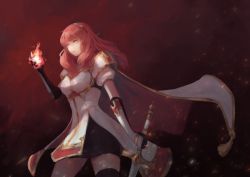 Rule 34 | 1girl, armor, artist request, cape, celica (fire emblem), dress, earrings, fingerless gloves, fire, fire emblem, fire emblem echoes: shadows of valentia, gloves, jewelry, long hair, nintendo, red armor, red eyes, red hair, simple background, solo, thighhighs, tiara, weapon, white armor