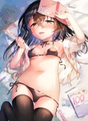 Rule 34 | 1girl, :d, arm up, bed sheet, black hair, black panties, blush, bow, bow bra, bow panties, bra, breasts, brown eyes, cameltoe, commentary request, fang, food, groin, hair between eyes, hand up, holding, holding food, ichihaya, long hair, looking at viewer, navel, no shoes, open clothes, open mouth, open shirt, original, panties, popsicle, sailor collar, shirt, short sleeves, side-tie panties, small breasts, smile, solo, thighhighs, underwear, white sailor collar, white shirt