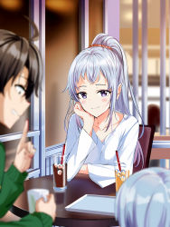 Rule 34 | 1boy, 2girls, ahoge, blurry, blurry foreground, blush, brown hair, closed mouth, commentary request, cup, drinking straw, green sweater, grin, hair between eyes, hand on own cheek, hand on own face, high ponytail, highres, hikigaya hachiman, ice, ice cube, indoors, kawasaki keika, kawasaki saki, long hair, looking at viewer, multiple girls, nonbire, orange scrunchie, ponytail, purple eyes, scrunchie, shirt, short hair, sidelocks, silver hair, sitting, smile, sweater, table, white shirt, yahari ore no seishun lovecome wa machigatteiru.