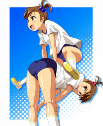 Rule 34 | 2girls, ass, bent over, blue background, brown eyes, brown hair, buruma, futami ami, futami mami, gym uniform, hair bobbles, hair ornament, halftone, halftone background, idolmaster, idolmaster (classic), kneepits, leap frog, multiple girls, nishi (count2.4), open mouth, siblings, side ponytail, sisters, twins