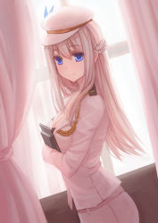 Rule 34 | 1girl, aiguillette, bad id, bad pixiv id, belt, blonde hair, blue eyes, book, breasts, catsmoon, cleavage, cowboy shot, epaulettes, flat cap, from side, hat, highres, holding, holding book, lexington (warship girls r), long hair, looking at viewer, medium breasts, military, military uniform, sidelocks, smile, solo, uniform, warship girls r