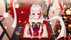 Rule 34 | 1girl, absurdres, arm ribbon, arm support, blunt bangs, blush, box, breasts, character request, christmas tree, cleavage, closed mouth, collarbone, copyright request, dress, from above, gift, gift box, highres, looking at viewer, multicolored hair, red dress, red eyes, ribbon, ryon y0421, short hair, silver hair, small breasts, smile, solo, star (symbol), streaked hair