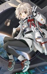 Rule 34 | 1girl, :o, animal, animal ears, astronaut, bad id, bad pixiv id, black gloves, black pants, brown eyes, floating, gloves, hair ornament, hairclip, hamster, hand up, helmet, heterochromia, highres, long sleeves, looking at viewer, mid (gameshe), one side up, open mouth, original, pants, planet, rabbit ears, rabbit girl, rabbit tail, shoes, short hair, silver hair, sneakers, socks, solo, space, space helmet, spacesuit, tail, v, white socks, yellow eyes