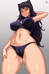 Rule 34 | 1girl, absurdres, animal ears, arm behind head, arm up, black bra, black hair, black panties, blake belladonna, blush, bra, breasts, cameltoe, cat ears, cat girl, cleft of venus, closed mouth, covered erect nipples, expressionless, foreshortening, from below, gradient background, hand on own thigh, highres, jmg, large breasts, long hair, looking at viewer, navel, nipples visible through clothes, panties, puffy areolae, cameltoe, rwby, scar, scar on stomach, signature, solo, standing, stomach, thighs, underwear, yellow eyes