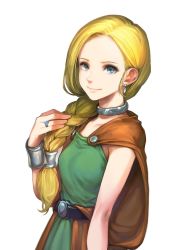 Rule 34 | 1girl, arm at side, arm up, armlet, belt, bianca (dq5), blonde hair, blue eyes, braid, breasts, cape, closed mouth, collar, commentary request, dragon quest, dragon quest v, earrings, eyelashes, gem, green tunic, hair over shoulder, hair tubes, highres, jewelry, jun (navigavi), long hair, looking at viewer, medium breasts, parted bangs, ring, silver collar, simple background, single braid, smile, solo, square enix, tunic, white background