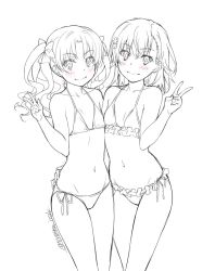 Rule 34 | 2girls, bikini, blush, bow, breasts, cleavage, closed mouth, collarbone, floating hair, flower, frilled bikini, frills, greyscale, grin, hair between eyes, hair bow, hair flower, hair intakes, hair ornament, halterneck, hand on another&#039;s hip, highres, isshi pyuma, long hair, looking at viewer, medium hair, misaka mikoto, monochrome, multiple girls, navel, shirai kuroko, side-tie bikini bottom, simple background, sketch, small breasts, smile, standing, swimsuit, toaru majutsu no index, twintails, twitter username, v, white background