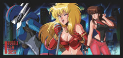 Rule 34 | 1girl, armor, artist name, bare shoulders, black gloves, blonde hair, breasts, brown hair, bubblegum crisis, city, cleavage, copyright name, danmakuman, elbow gloves, fingerless gloves, gloves, highres, jewelry, long hair, microphone, navel, necklace, night, one eye closed, pants, power armor, power suit, priscilla asagiri, red eyes, red gloves, red pants