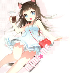 1girl absurdres animal_ears bag blue_eyes brown_hair cat_ears cat_tail drink female_focus handbag highres legs long_hair open_mouth original salt_(salty) solo tail