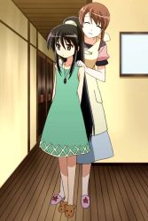 Rule 34 | 00s, 2girls, alastor (shakugan no shana), apron, arms behind back, black hair, brown eyes, collarbone, dress, full body, hands on shoulders, height difference, indoors, jewelry, lipstick, long hair, looking away, makeup, multiple girls, necklace, non-web source, pendant, ponytail, sakai chigusa, screencap, shakugan no shana, shana, slippers, smile, standing, stitched, sundress, third-party edit, very long hair