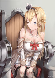 Rule 34 | 10s, 1girl, blonde hair, blue eyes, braid, breasts, crown, dress, flower, french braid, garter straps, hairband, highres, kantai collection, large breasts, long hair, mini crown, off-shoulder dress, off shoulder, one eye closed, red flower, red ribbon, red rose, ribbon, rose, sitting, solo, thighhighs, throne, warspite (kancolle), white dress, white thighhighs, xfate, zettai ryouiki