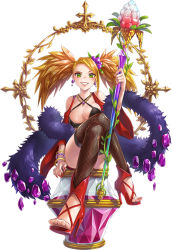 Rule 34 | 1girl, blonde hair, blush, bracelet, breasts, cleavage, feet, fur trim, gem, green eyes, hair ornament, hairclip, high heels, jewelry, large breasts, leaf, long hair, mole, mole under eye, nail polish, necklace, official art, phantom of the kill, simple background, sitting, solo, staff, teeth, thighhighs, thyrsos, toes, twintails, white background