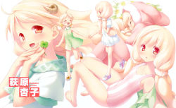 Rule 34 | 1girl, absurdres, blonde hair, blush, cafe sourire, closed eyes, clover, dress, flat chest, four-leaf clover, gayarou, highres, knees together feet apart, left-handed, long hair, looking at viewer, multiple views, ogiwara kyouko, one-piece swimsuit, open mouth, red eyes, school uniform, simple background, sleeping, striped clothes, striped one-piece swimsuit, swimsuit, twintails, vertical-striped clothes, vertical-striped one-piece swimsuit, white background