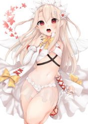 Rule 34 | 1girl, absurdres, bad id, bad pixiv id, bare shoulders, blonde hair, bow, commentary, detached sleeves, dress, eyes visible through hair, fate/grand order, fate/kaleid liner prisma illya, fate (series), flower, hair between eyes, hair flower, hair ornament, highres, illyasviel von einzbern, illyasviel von einzbern (choco angel), long hair, looking at viewer, navel, open mouth, panties, red eyes, simple background, solo, stomach, takio (kani sama), tongue, two side up, underwear, white background, white panties, wings, yellow bow