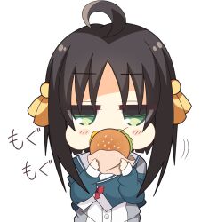Rule 34 | 1girl, absurdres, ahoge, black hair, blush stickers, burger, cheek bulge, chibi, commentary, eating, food, green eyes, green jacket, highres, hitachi mako, holding, holding burger, holding food, jacket, jitome, kaon zz, looking at viewer, motion lines, sailor collar, school uniform, senren banka, short hair with long locks, simple background, sleeves past wrists, solo, sound effects, upper body, white background, white sailor collar