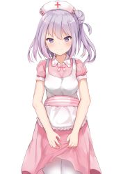 Rule 34 | 1girl, airool, apron, bad id, bad pixiv id, blush, breasts, closed mouth, commentary request, dress, frilled apron, frills, hair between eyes, hair bun, hat, highres, looking at viewer, nurse, nurse cap, one side up, pink dress, puffy short sleeves, puffy sleeves, purple eyes, purple hair, short sleeves, side bun, simple background, single hair bun, single side bun, small breasts, solo, thighhighs, v-shaped eyebrows, warship girls r, white apron, white background, white hat, white thighhighs, yukikaze (warship girls r)