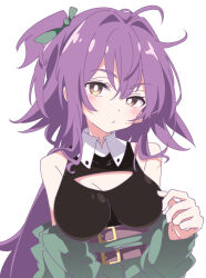 Rule 34 | 1girl, belt, blush, breasts, brown belt, cleavage, commentary request, green ribbon, hair between eyes, hair ribbon, ixy, large breasts, long hair, looking at viewer, original, purple hair, ribbon, simple background, solo, upper body, white background, yellow eyes