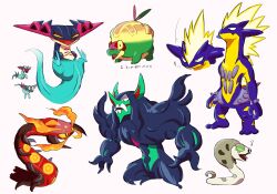 Rule 34 | absurdres, appletun, black eyes, centiskorch, commentary request, creatures (company), dragapult, dreepy, fang, game freak, gen 8 pokemon, grimmsnarl, highres, looking down, mira (miramita8727), multiple views, musical note, nintendo, open mouth, pokemon, pokemon (creature), silicobra, simple background, skin fang, standing, tongue, toxtricity, toxtricity (amped), translation request, white background