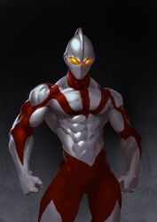 Rule 34 | 1boy, absurdres, clenched hands, commentary, english commentary, glowing, glowing eyes, grey background, highres, looking at viewer, male focus, muscular, muscular male, no humans, no mouth, original, solo, tokusatsu, ultra series, yellow eyes, zakuma