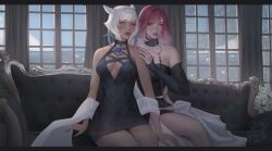 2girls animal_ears armpit_crease artist_logo black_choker black_dress breasts cat_ears character_request choker cleavage closed_mouth couch dark-skinned_female dark_skin detached_sleeves dress eyebrows_hidden_by_hair facial_mark final_fantasy final_fantasy_xiv flower hand_on_another&#039;s_shoulder highres jewelry large_breasts lipstick logo looking_ahead looking_at_viewer makeup medium_hair miqo&#039;te multiple_girls necklace on_couch open_mouth path_to_nowhere pink_eyes pink_hair short_hair strapless strapless_dress white_eyes white_flower white_hair window_shadow y&#039;shtola_rhul yuki_lu