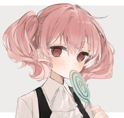 Rule 34 | 1girl, ascot, blue background, blush, candy, collared shirt, commentary, covering own mouth, food, highres, holding, holding candy, holding food, holding lollipop, inu x boku ss, kyuumura, lollipop, long sleeves, looking at viewer, pink eyes, pink hair, roromiya karuta, shirt, solo, swirl lollipop, twintails, upper body, vest, white ascot, white shirt