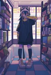 Rule 34 | 1girl, animal hat, cat hat, convenience store, detached sleeves, ev-oo, female focus, full body, goggles, goggles on headwear, hair between eyes, hat, highres, indoors, long sleeves, looking at viewer, original, oversized clothes, oversized shirt, pigeon-toed, shelf, shirt, shoes, shop, skirt, sleeves past wrists, sneakers, socks, solo, standing