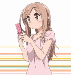 Rule 34 | 1girl, aikawa chiho, animated, animated gif, blush, breasts, brown hair, cellphone, female focus, long hair, looking at viewer, lowres, phone, smile, solo, technology, yuyushiki