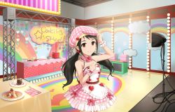 Rule 34 | 1girl, artist request, bare shoulders, brown eyes, cake, cooking show, food, fork, halterneck, hat, idolmaster, idolmaster cinderella girls starlight stage, knife, long hair, looking at viewer, nakano yuka, official art, plate, smile, solo, spoon, twintails