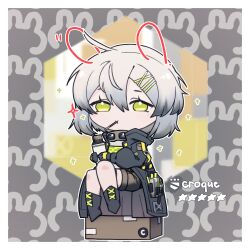 Rule 34 | 1girl, 45kon, absurdres, ahoge, black gloves, black jacket, box, cardboard box, character name, chibi, commentary request, croque (neural cloud), expressionless, full body, girls&#039; frontline neural cloud, gloves, green eyes, grey hair, hair between eyes, hair ornament, hairclip, highres, holding, jacket, looking at viewer, medium hair, shorts, sitting, solo