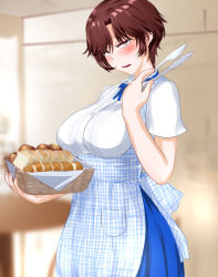Rule 34 | 1girl, apron, blue ribbon, blue skirt, blush, bread, breasts, brown hair, food, freckles, hand up, highres, holding, holding tongs, indoors, large breasts, musizusi00199, neck ribbon, open mouth, plaid, plaid apron, ribbon, sanpaku, shirt, short hair, short sleeves, skirt, solo, standing, sweat, tongs, white shirt