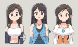 Rule 34 | 3girls, arm ribbon, black hair, breasts, brown eyes, cleavage, crop top, elbow gloves, final fantasy, final fantasy ix, final fantasy vii, final fantasy viii, garnet til alexandros xvii, gloves, grey background, jewelry, long hair, looking at viewer, multiple girls, necklace, puffy sleeves, ribbon, rinoa heartilly, square enix, suspenders, swept bangs, tank top, tifa lockhart, trait connection, tsubobot, upper body