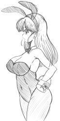 Rule 34 | 1girl, animal ears, bare arms, bare shoulders, bow, bowtie, breasts, bulma, cleavage, clenched hand, covered navel, detached collar, dragon ball, dragon ball (classic), fake animal ears, female focus, from side, hand on own hip, highres, large breasts, leotard, long hair, looking to the side, monochrome, neck, open mouth, pantyhose, playboy bunny, rabbit ears, rabbit tail, simple background, standing, straight hair, strapless, strapless leotard, white background, wrist cuffs