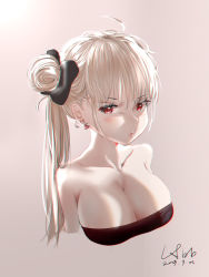 Rule 34 | 1girl, :t, ahoge, alternate hairstyle, azur lane, bare shoulders, blush, bow, breasts, cleavage, closed mouth, collarbone, commentary request, cropped arms, cropped torso, dated, earrings, formidable (azur lane), hair between eyes, hair bow, hair bun, hbb, heart, heart earrings, highres, jewelry, large breasts, light brown hair, long hair, looking at viewer, pout, red eyes, side bun, side ponytail, sidelocks, signature, simple background, single side bun, solo, strapless, tube top, upper body