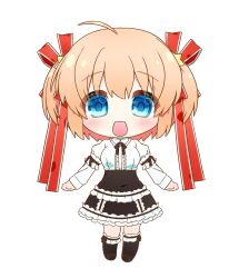 Rule 34 | 1girl, :d, ahoge, arms at sides, black skirt, black socks, blonde hair, blue eyes, blush, center frills, chibi, commentary, eyes visible through hair, frilled skirt, frilled socks, frills, gothic lolita, hair between eyes, hair ornament, hair ribbon, high-waist skirt, highres, juliet sleeves, kamikita komari, kneehighs, little busters!, lolita fashion, long ribbon, long sleeves, looking at viewer, natsuoto rito, official alternate costume, open mouth, puffy sleeves, red ribbon, ribbon, shirt, short hair, simple background, skirt, smile, socks, solo, star (symbol), star hair ornament, straight-on, two side up, white background, white shirt