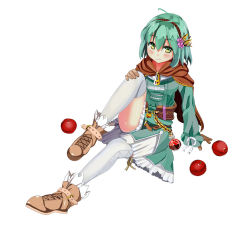 Rule 34 | 1girl, ahoge, apple, aqua hair, aqua panties, bad id, bad pixiv id, bag, belt, blush, brown footwear, brown gloves, cape, chain, coat, food, fruit, full body, gero-gh, gloves, green eyes, hair ornament, hairband, hand on own knee, leaf hair ornament, long sleeves, looking at viewer, original, panties, shoes, simple background, sitting, smile, solo, striped clothes, striped panties, thighhighs, underwear, white background, white thighhighs
