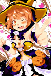 Rule 34 | 1girl, bare shoulders, blush, breasts, cleavage, cookilord6, fang, flower, hat, heart, jack-o&#039;-lantern, large breasts, lowres, open mouth, orange hair, outstretched arm, parfunte, short hair, solo, sword girls, witch, witch hat